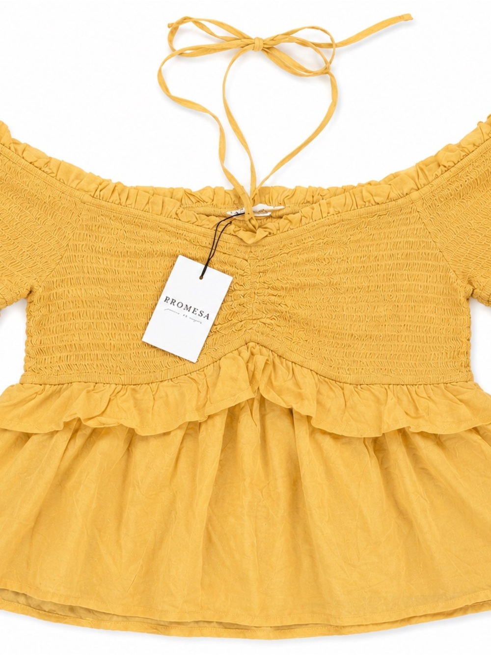 NWT Promesa Mustard Yellow Smocked Off Shoulder Ruffle Top M